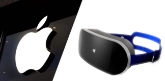 Apple logo a náhlavná súprava pre virtuálnu realitu