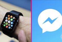 Apple Watch na ruke a logo Facebook Messenger