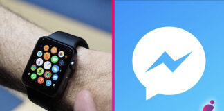 Apple Watch na ruke a logo Facebook Messenger