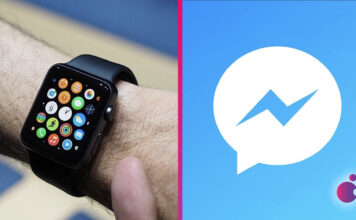 Apple Watch na ruke a logo Facebook Messenger