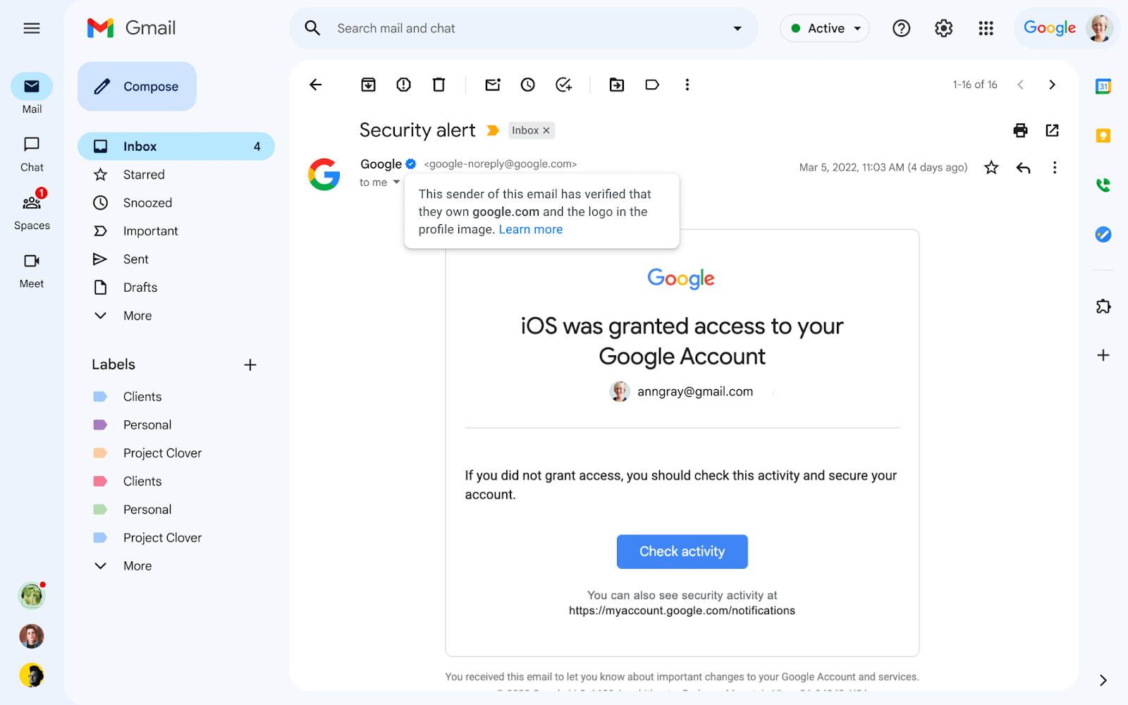 Gmail - modrá fajka pri overení účtu