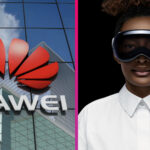 Huawei logo na budove a headset Apple Vision Pro
