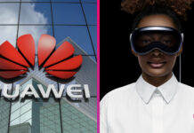 Huawei logo na budove a headset Apple Vision Pro