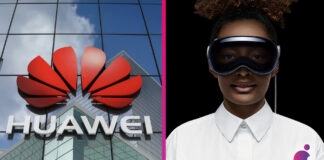 Huawei logo na budove a headset Apple Vision Pro