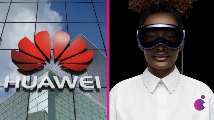 Huawei logo na budove a headset Apple Vision Pro Huawei logo na budove a headset Apple Vision Pro