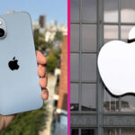 iPhone 14 v ruke používateľa a logo Apple na budove