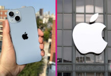 iPhone 14 v ruke používateľa a logo Apple na budove