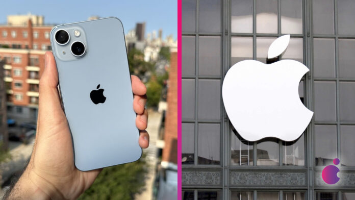 iPhone 14 a Apple Logo iPhone 14 v ruke používateľa a logo Apple na budove