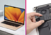 MacBook na stole a SSD v ruke používateľa