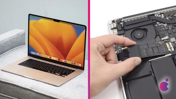 MacBook na stole a SSD v ruke používateľa MacBook na stole a SSD v ruke používateľa