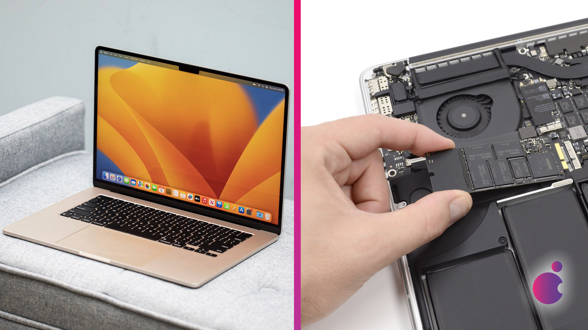 MacBook na stole a SSD v ruke používateľa