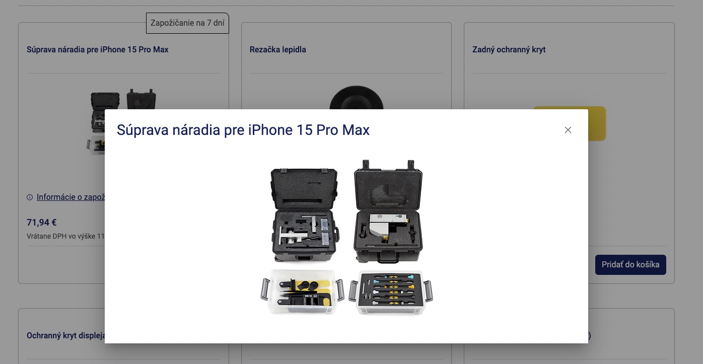 Kit na opravu displeja pre iPhone 15 Pro Max od spoločnosti Apple v rámci programu domácich opráv