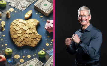 Logo Apple z peňazí a Tim Cook