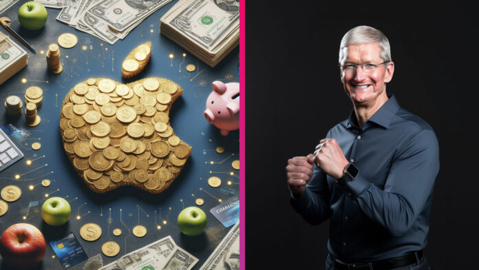 Logo Apple z peňazí a Tim Cook