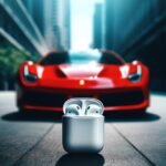 Slúchadlá AirPods na zemi s automobilom Ferrari v pozadí