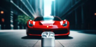 Slúchadlá AirPods na zemi s automobilom Ferrari v pozadí