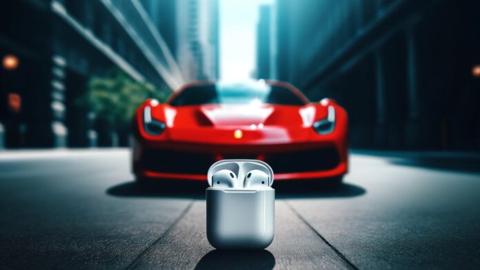 Slúchadlá AirPods na zemi s automobilom Ferrari v pozadí